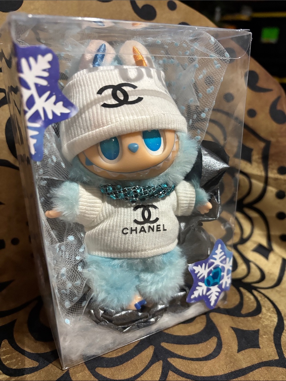 Chanel Blue Plush Doll in White Branded Sweater